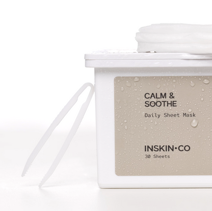INSKIN.CO Daily Sheet Mask Calm & Soothe packaging close up with hygienic tweezers for clean application of soothing sheet masks.