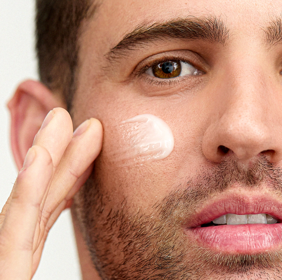 Man applying INSKIN.CO Gel Cream Hydrator to face showing fast-absorbing gel-cream moisturiser for balanced hydration.