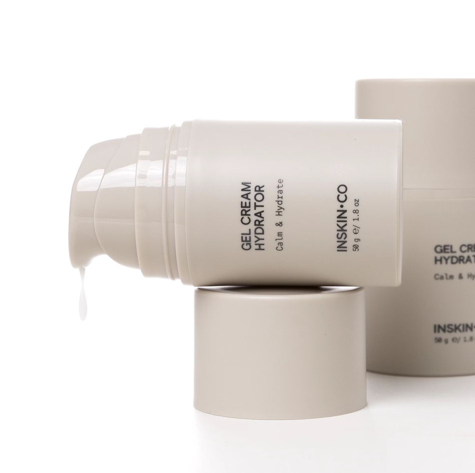 INSKIN.CO Gel Cream Hydrator styled image with two products, one open on its side highlighting gel-cream moisturiser texture and oil-free formula.
