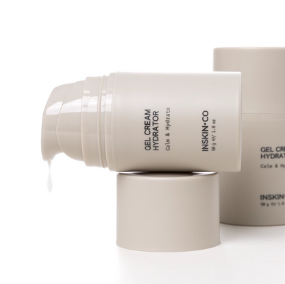 INSKIN.CO Gel Cream Hydrator styled image with two products, one open on its side highlighting gel-cream moisturiser texture and oil-free formula.