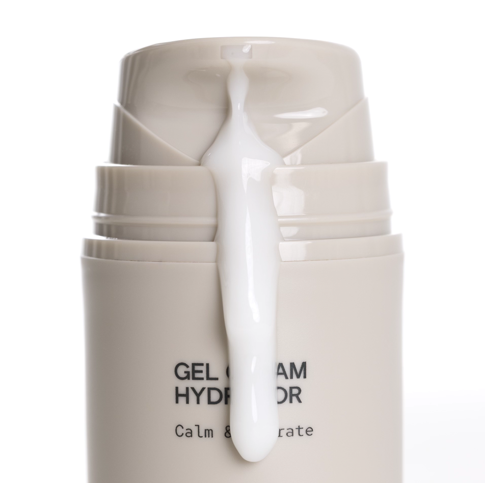 INSKIN.CO Gel Cream Hydrator open packaging with gel-cream texture dripping down showcasing lightweight, non-greasy hydration.