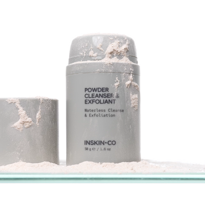 INSKIN.CO Powder Cleanser & Exfoliant opened packaging with dry powder cleanser visible, showcasing enzyme exfoliating powder texture before activation.
