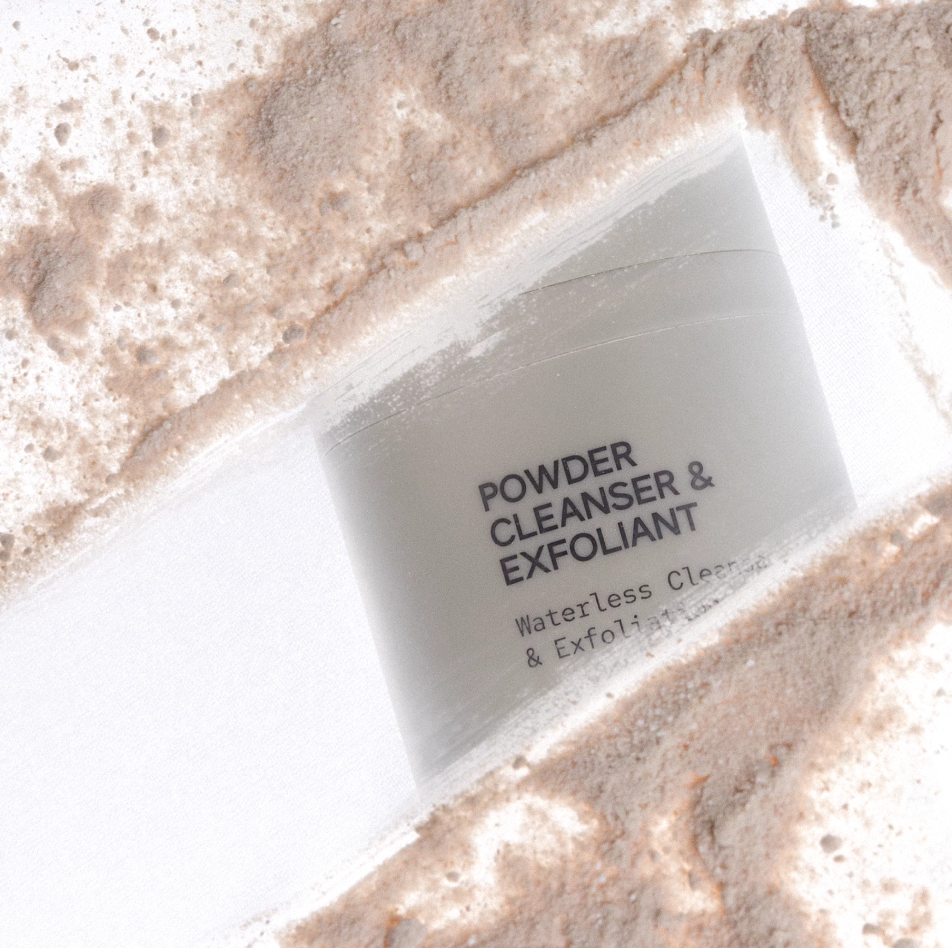 INSKIN.CO Powder Cleanser & Exfoliant texture close up highlighting fine powder enzyme exfoliant that transforms into creamy foam.
