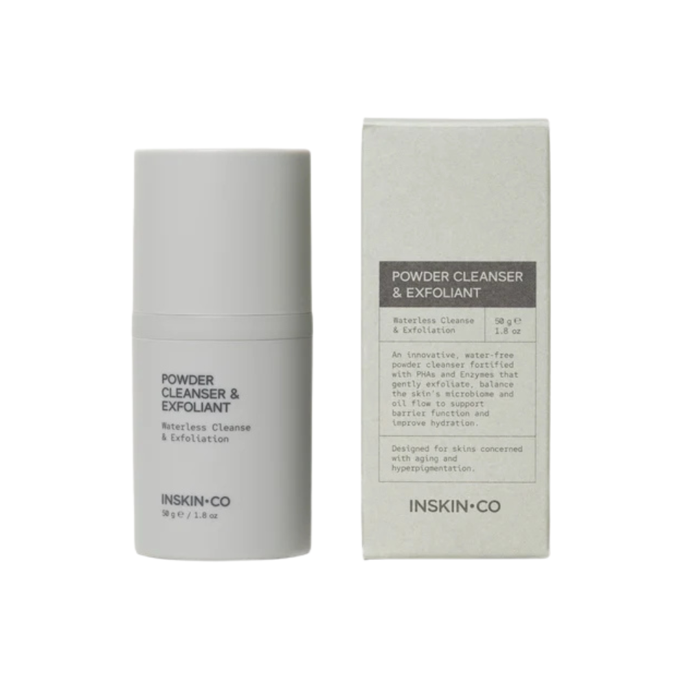 INSKIN.CO Powder Cleanser & Exfoliant water-activated enzyme cleanser for gentle exfoliation, smoothing skin texture and boosting radiance.