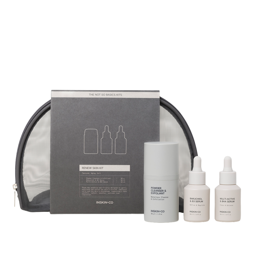 INSKIN.CO Renew Skin Kit exfoliating skincare set for textured and dull skin with BHA serum, bakuchiol and enzyme powder cleanser.