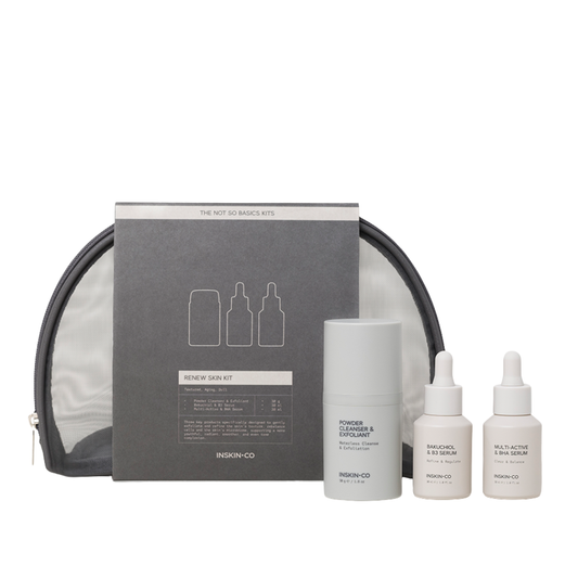 INSKIN.CO Renew Skin Kit exfoliating skincare set for textured and dull skin with BHA serum, bakuchiol and enzyme powder cleanser.