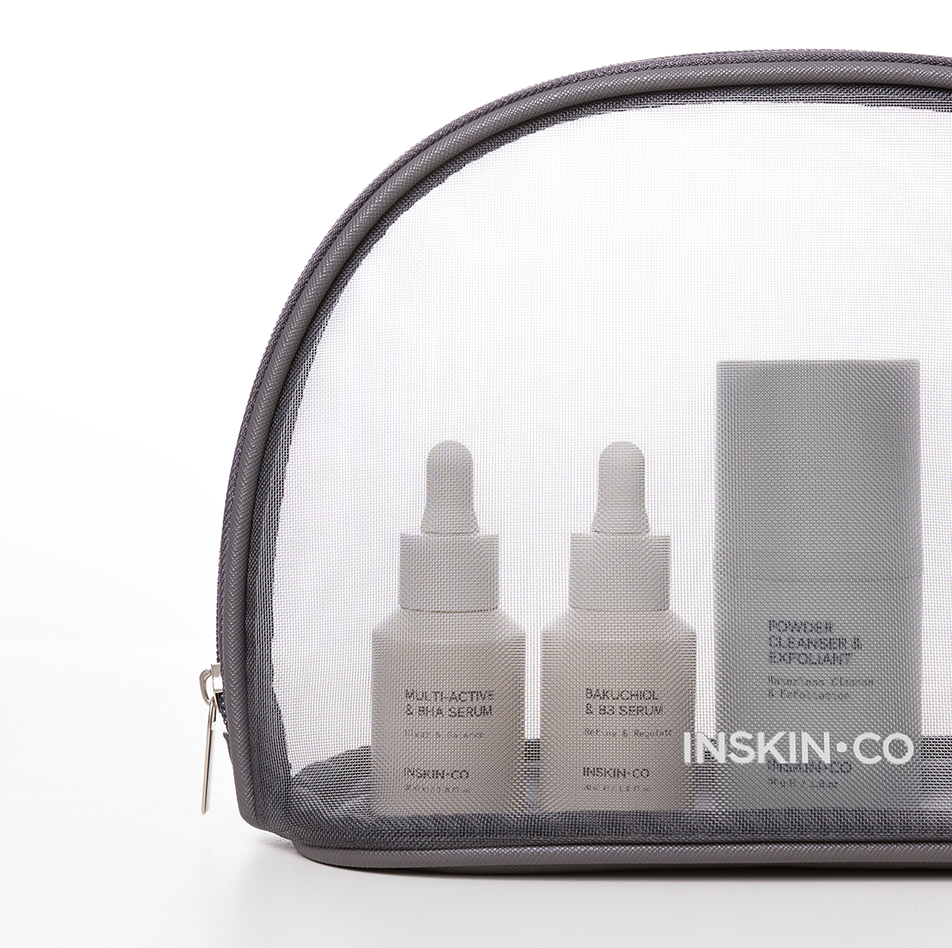 INSKIN.CO Renew Skin Kit featuring Multi-Active & BHA Serum, Bakuchiol & B3 Serum and Powder Cleanser & Exfoliant for skin renewal and clarity.