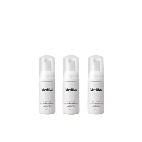 Cleanse on-the-go with the Medik8 Calmwise Soothing Cleanser Travel Size Bundle - three travel-friendly 40ml bottles of Calmwise Soothing Cleanser. 