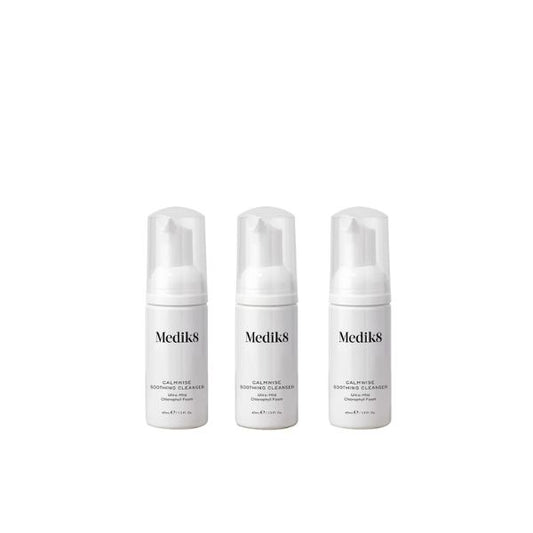 Cleanse on-the-go with the Medik8 Calmwise Soothing Cleanser Travel Size Bundle - three travel-friendly 40ml bottles of Calmwise Soothing Cleanser. 