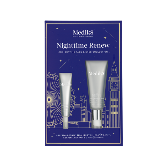 Medik8 Nighttime Renew Duo gift set featuring Crystal Retinal 6 and Crystal Retinal Ceramide Eye 6 in festive packaging.