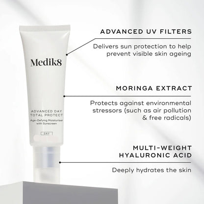 Medik8 Sale. Medik8 Advanced Day Total Protect Anti Aging Moisturiser with sunscreen. Contains multi weight Hyaluronic acid