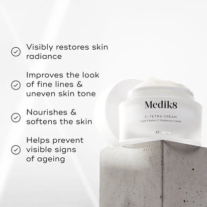 Medik8 Sale. Medik8 C-Tetra Cream. Restore radiance and fight visible signs of ageing with C-Tetra Cream. Contains Vitamin C, Vitamin E and Hyaluronic Acid