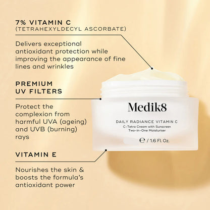 Medik8 Sale. Medik8 Daily Radiance Vitamin C. Restore radiance and fight visible signs of ageing with Medik8 Daily Radiance Vitamin C. Contains Vitamin C, Vitamin E, Hyaluronic Acid and sunscreen. Two in one moisturiser