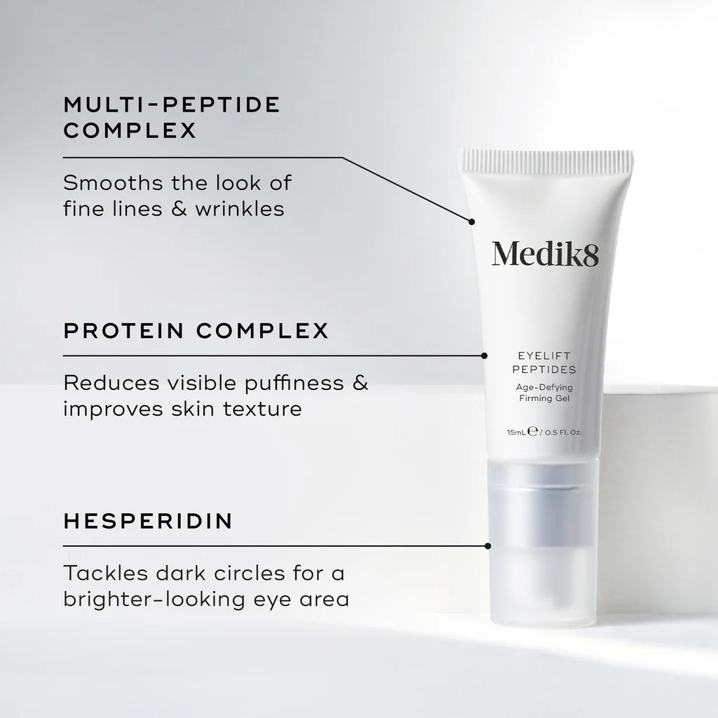 Medik8 Sale. Medik8 Eyelift Peptides. This multi-action anti-ageing eye serum helps to lift and shape the look of eye contours for an immediate results. Contains slow release Retinal, Ceramides and Hyaluronic Acid