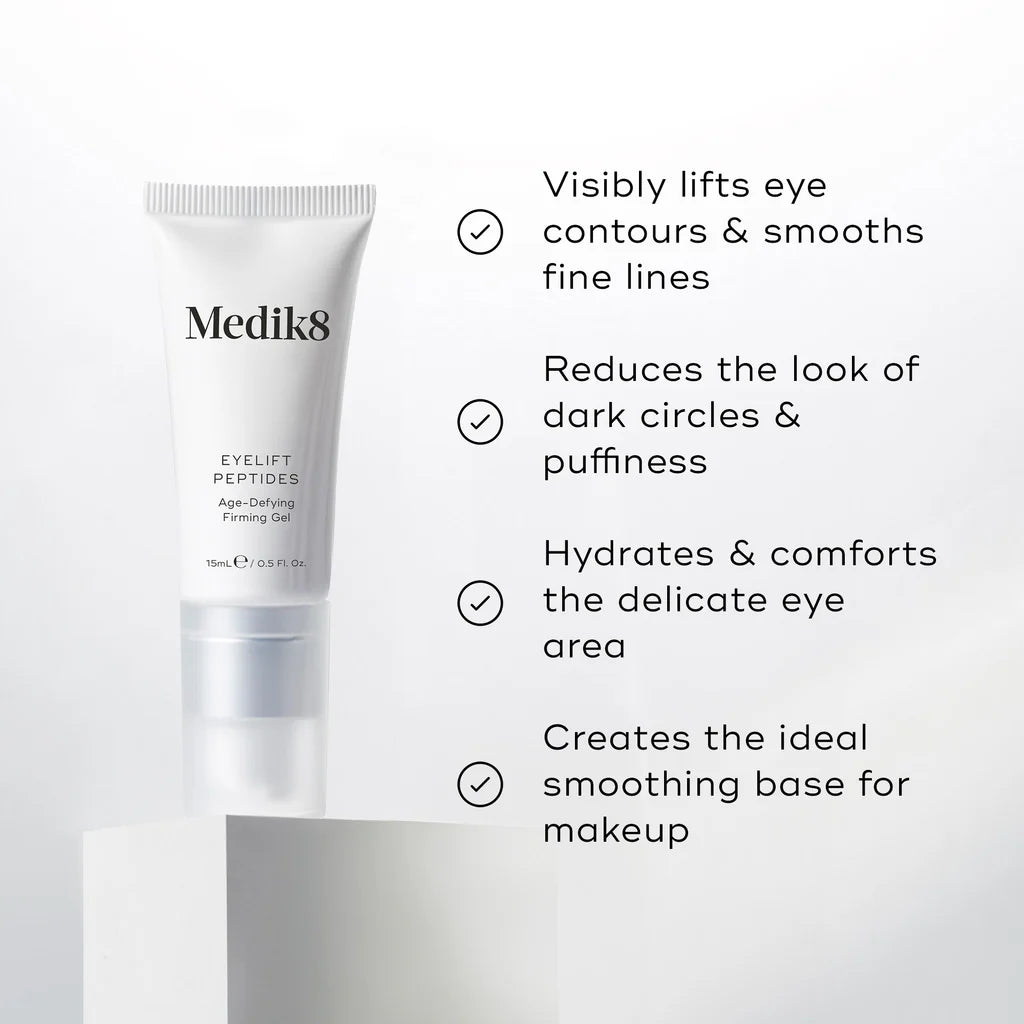 Medik8 Sale. Medik8 Eyelift Peptides. This multi-action anti-ageing eye serum helps to lift and shape the look of eye contours for an immediate results. Contains slow release Retinal, Ceramides and Hyaluronic Acid