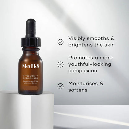 Medik8 Sale. Medik8 Intelligent Retinol 3TR Supercharged 0.3% Vitamin A Serum. Contains Retinol, Squalane, Climbazole and Vitamin E