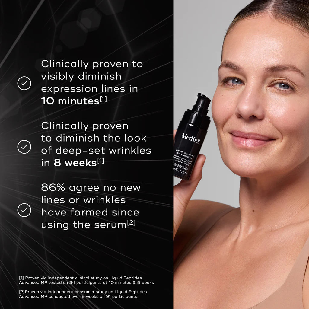 Medik8 Sale. Medik8 Liquid Peptides Advanced MP. Fine lines, expression lines, and deep-set wrinkles are visibly smoothed as the lightweight serum visibly plumps, firms and refines uneven skin texture.