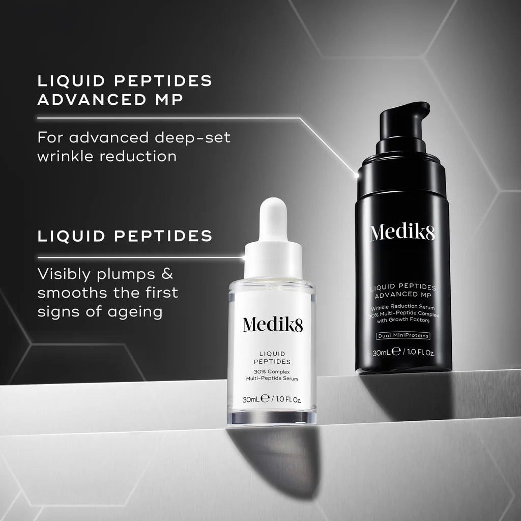 Medik8 Sale. Medik8 Liquid Peptides Advanced MP. Fine lines, expression lines, and deep-set wrinkles are visibly smoothed as the lightweight serum visibly plumps, firms and refines uneven skin texture.