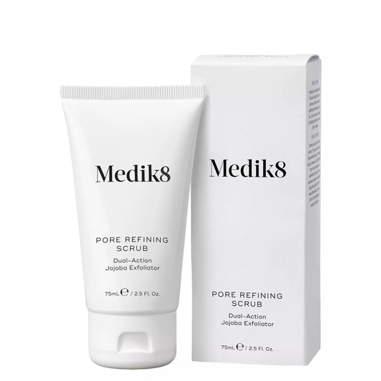 Medik8 Sale. Medik8 Pore Refining Scrub is suitable for all skin types, particularly those looking to reduce pore size and oil production. Medik8 Pore Refining Scrub contains Salicylic Acid, L-Mandelic Acid, Niacinamide and Jojoba micro exfoliators. Perfect for teenage skin.