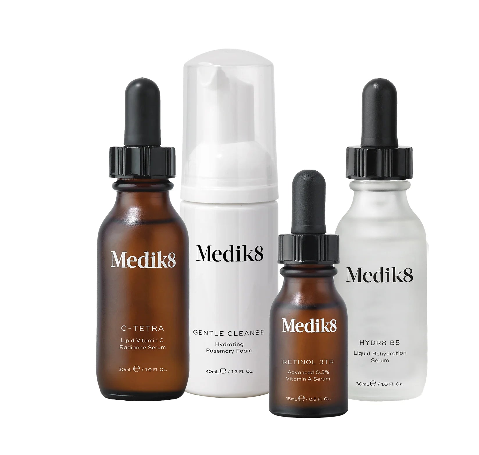 Medik8 The ABC Kit products displayed together: Gentle Cleanse, Hydr8 B5, C-Tetra and Retinol 3TR.