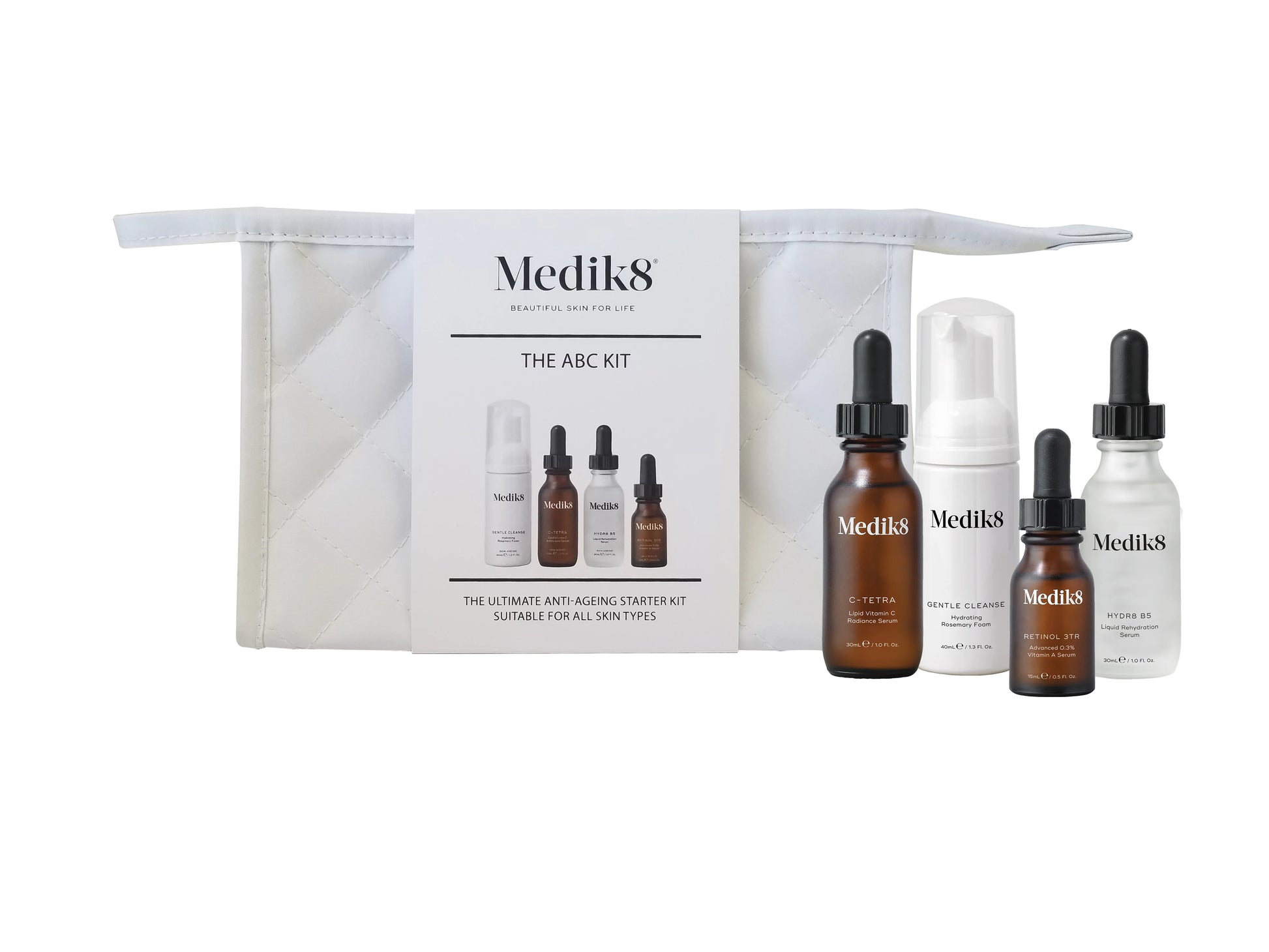 Medik8 The ABC Kit gift bag featuring Gentle Cleanse, Hydr8 B5, C-Tetra and Retinol 3TR skincare products.