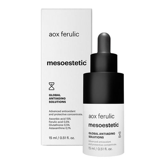 Mesoestetic AOX Ferulic antioxidant serum with box, formulated with vitamin C and ferulic acid to brighten skin and support visible firmness.