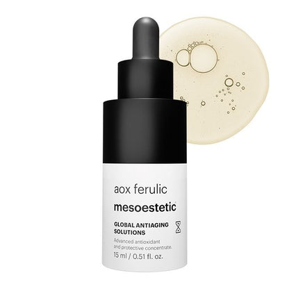 Mesoestetic AOX Ferulic shown with serum texture, an advanced antioxidant concentrate for dull skin, oxidative stress and early signs of ageing.
