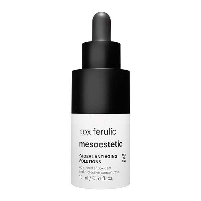 Mesoestetic AOX Ferulic lightweight antioxidant serum with vitamin C, ferulic acid, glutathione and astaxanthin to improve radiance and skin resilience.