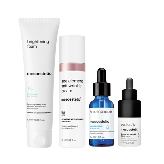 Mesoestetic Age Element Anti-Wrinkle Kit featuring brightening foam, HA Densimatrix, AOX Ferulic and anti-wrinkle cream for hydration, antioxidant protection and smoother, firmer-looking skin.