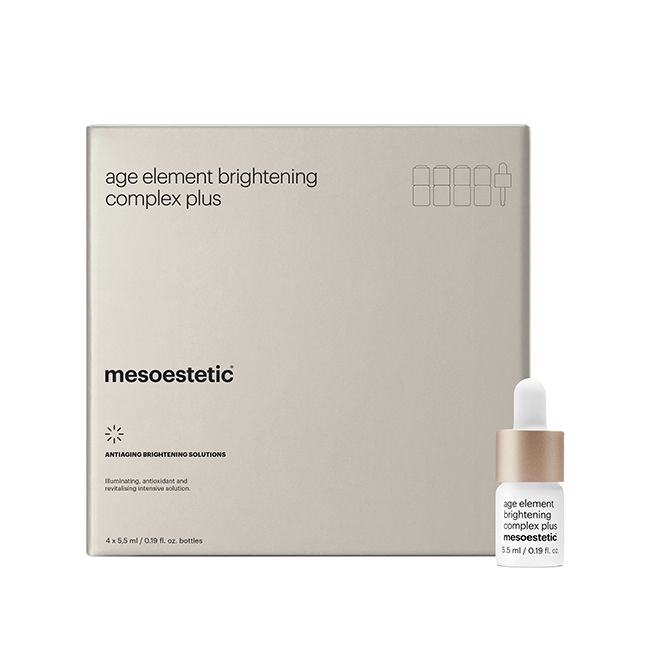 Mesoestetic Age Element Brightening Complex Plus brightening serum for pigmentation uneven skin tone and dull skin anti ageing skincare treatment.