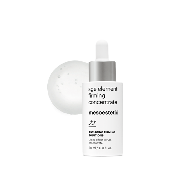 Mesoestetic Age Element Firming Concentrate works to support collagen and improve skin density for firmer looking skin.