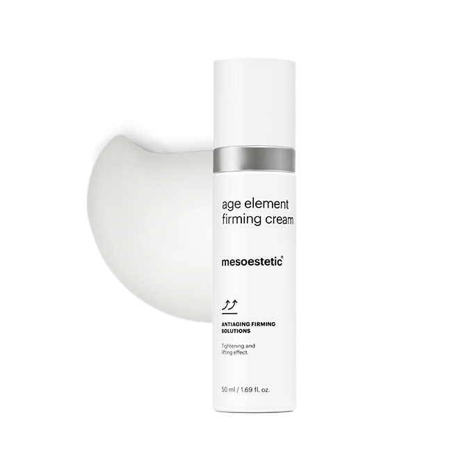 Mesoestetic Age Element Firming Cream shown with cream texture, a firming treatment designed to tighten skin and improve facial definition.