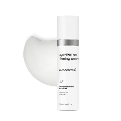 Mesoestetic Age Element Firming Cream shown with cream texture, a firming treatment designed to tighten skin and improve facial definition.