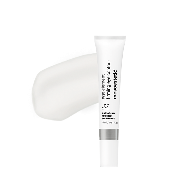 Mesoestetic Age Element Firming Eye Contour shown with cream texture, a firming eye treatment for upper eyelid laxity, fatigue and under-eye pigmentation.