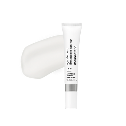 Mesoestetic Age Element Firming Eye Contour shown with cream texture, a firming eye treatment for upper eyelid laxity, fatigue and under-eye pigmentation.
