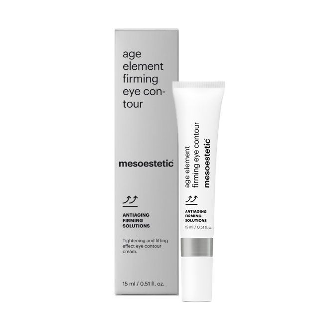 Mesoestetic Age Element Firming Eye Contour with box, a lifting eye cream designed to firm the upper eyelid and improve the look of dark under-eye circles.