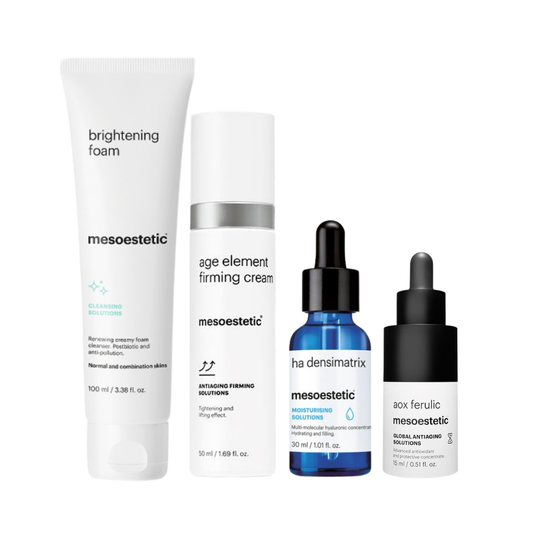 Mesoestetic Age Element Firming Kit with brightening foam, HA Densimatrix, AOX Ferulic and firming cream for hydration, antioxidant protection and visibly firmer skin.