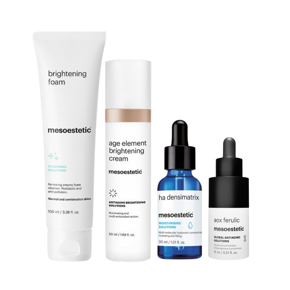 Mesoestetic Age Element Glowing Kit with Brightening Foam, HA Densimatrix, AOX Ferulic and Age Element Brightening Cream for radiant skin, hydration and antioxidant brightening support.