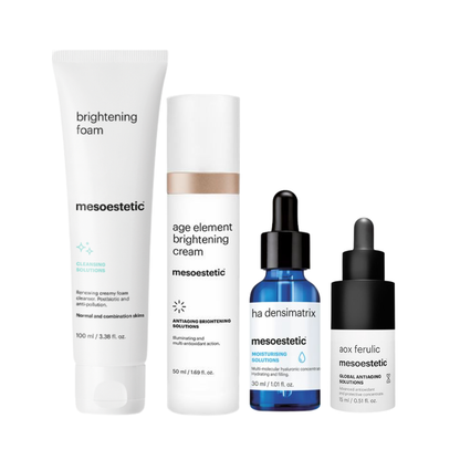 Mesoestetic Age Element Glowing Kit with Brightening Foam, HA Densimatrix, AOX Ferulic and Age Element Brightening Cream for radiant skin, hydration and antioxidant brightening support.