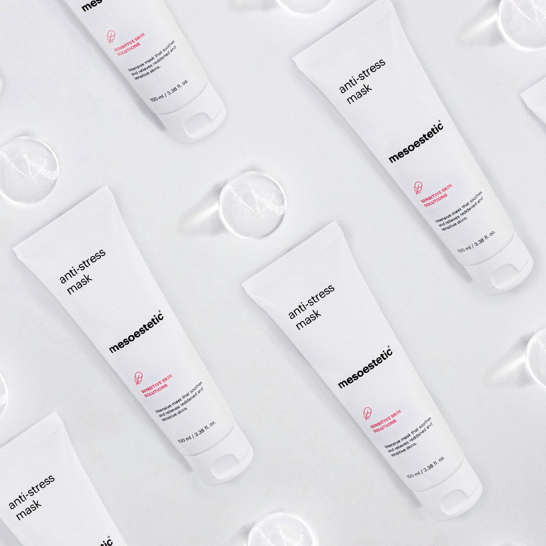 Mesoestetic Anti-Stress Mask supports sensitive and reactive skin by reducing visible redness and restoring hydration.