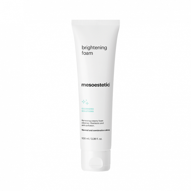 Mesoestetic Brightening Foam renewing facial cleanser for normal and combination skin with glycolic acid and lactic acid to improve texture and radiance.
