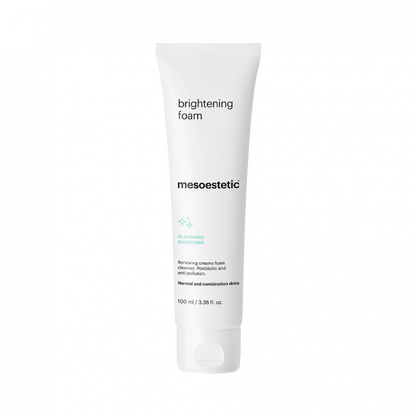 Mesoestetic Brightening Foam renewing facial cleanser for normal and combination skin with glycolic acid and lactic acid to improve texture and radiance.