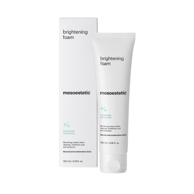 Mesoestetic Brightening Foam renewing AHA cleanser with product box for normal and combination skin to refine texture and improve visible brightness.