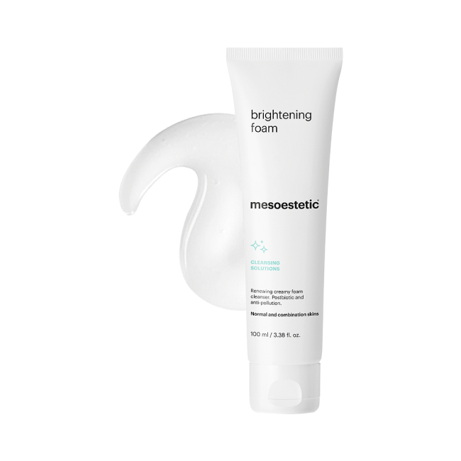 Mesoestetic Brightening Foam creamy cleanser shown with texture, formulated for normal and combination skin to smooth, brighten and refresh dull skin.