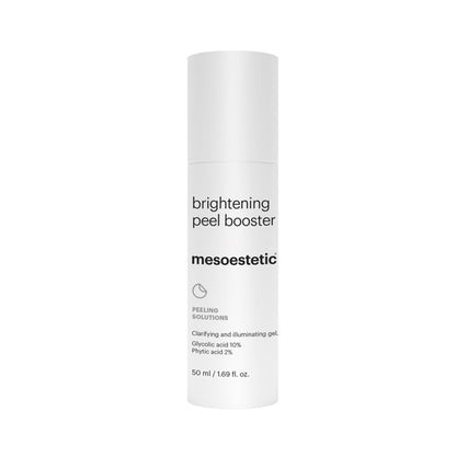 Mesoestetic Brightening Peel Booster clarifying and illuminating gel for uneven skin tone, dull skin and mild pigmentation concerns.