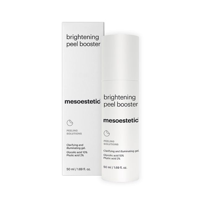 Mesoestetic Brightening Peel Booster exfoliating gel with box to refine uneven texture, reduce pigmentation blemishes and improve visible radiance.