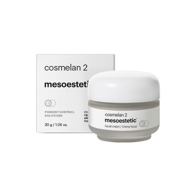 Mesoestetic Cosmelan 2 is a facial cream used to reduce the appearance of pigmentation, visibly improving the existing dark spots, while helping to provide a visible corrective action on the appearance of future pigmentation. It also improves the look of skin texture, enhances visible skin brightness and helps to unify tone resulting in a visibly revitalised skin.