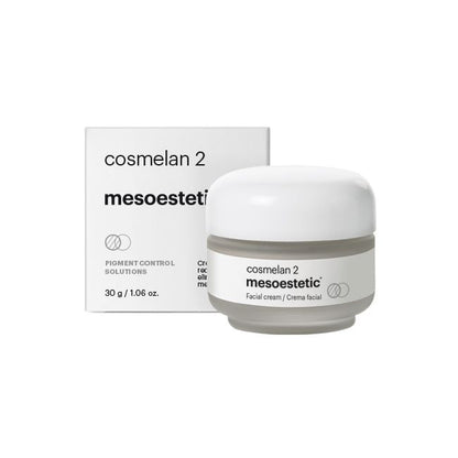 Mesoestetic Cosmelan 2 depigmenting facial cream with box to reduce dark spots, improve uneven pigmentation and support a more even-looking complexion.