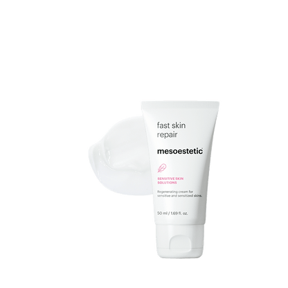 Mesoestetic Fast Skin Repair shown with cream texture, a restorative treatment for sensitive and sensitised skin that helps repair and comfort the skin.