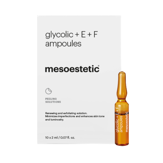 Mesoestetic Glycolic + E + F Ampoules exfoliating treatment with box, designed to refine skin texture, reduce imperfections and improve tone and luminosity.